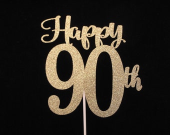 90th Birthday Cake Topper, Gold Glitter 90, 90th Birthday, Happy 90th Cake Topper