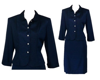 M/8/Petite Vintage 1950's Blue Skirt Suit, Polished Rayon Jacket Skirt Separates Suit Medium, Petite