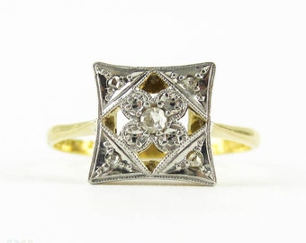 Art Deco Diamond Ring, Square Shape Panel Ring With Rose Cut Diamonds & Flower Design. Circa 1920s, 18ct and Platinum.
