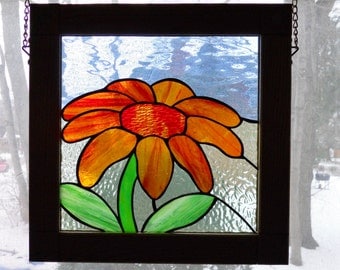 Daisy Stained Glass Panel, Framed in Oak