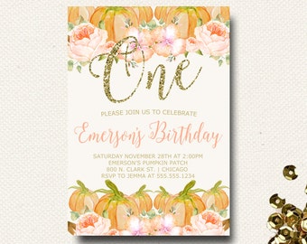 Pumpkin Birthday Invitation Floral Our Little Pumpkin Birthday Party Invite Invitation Glitter Pink Watercolor Fall DIY Printable