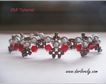 Beaded Bracelet Tutorial Pattern - Silver Pearl Red Bronze Bracelet (BB134) - Beading Jewelry PDF Tutorial (Instant Download)
