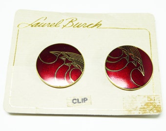 Vintage Laurel Burch Earrings - Round Red Pin with Birds signed "Celestial Birds" - Pop Art - Mod Art Enamel Burgandy Wine Red