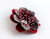 Felted Brooch Polka dot Flower Felt Pin Handmade OOAK Fiber Art White Red Black Gift for her Felted Brooch Polka dot Flower Felt Pin Handmade OOAK Fiber Art White Red Black Gift for her