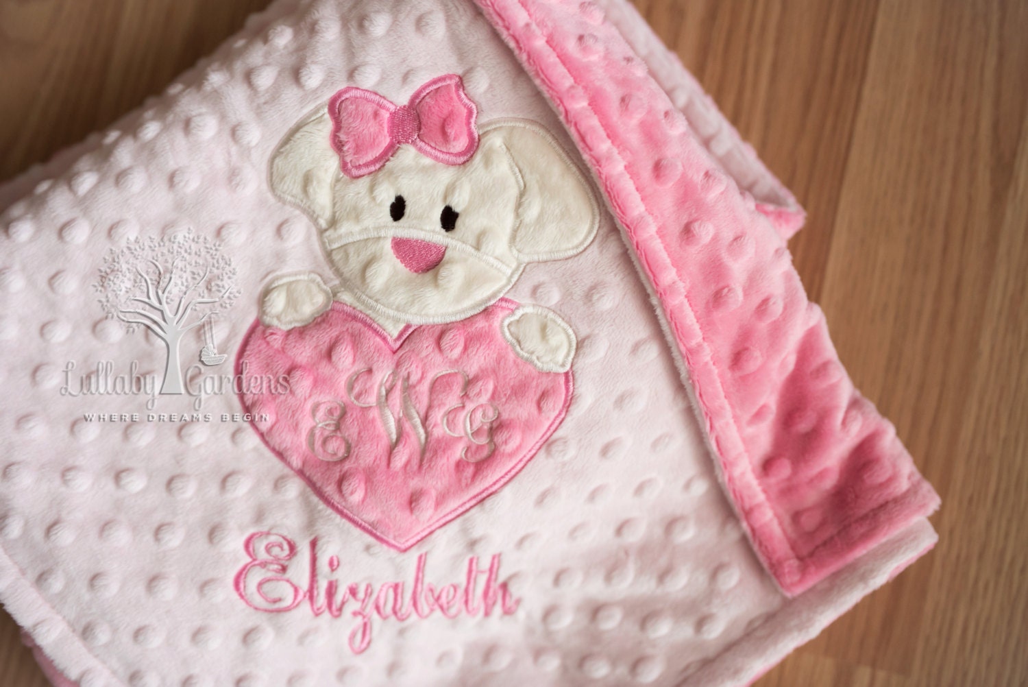 Puppy Personalized Minky Baby Blanket Girl Puppy Appliqued