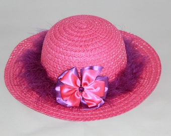 Tea Party Hat - Dark Pink Easter Bonnet with Purple Boa - Girls Sun Hat - Easter Hat - Birthday Hat - Sunday Dress Hat - Derby Hat - 1639