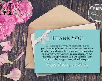 Teal and White bow Baby Shower Thank you cards, baby shower Invitation, baby shower, Printable, Customized, Baby & Co, tiffanys
