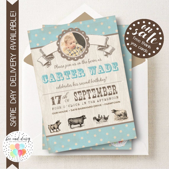 Vintage Farm Invitation, Blue Farm Birthday Invitation, Farm Party, Boy First Birthday, Boy Birthday, Printable Farm Photo Invite Il_570xn