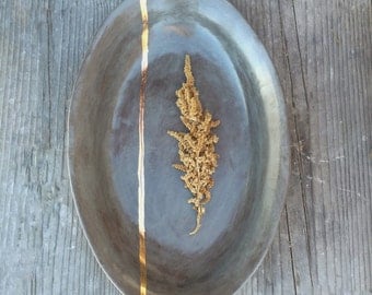 Wedding gift Oval handmade ceramic serving platter plate dish gray and 22k gold