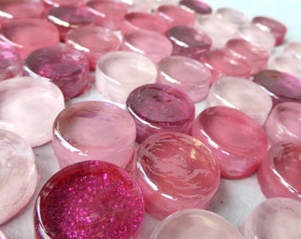 Pretty in Pink Glass Tiles - Round Crystal Mosaic Tiles in Shades of Shabby Pink - Some Glitter - 2 cm or .75 inch - 50 tiles Penny Rounds