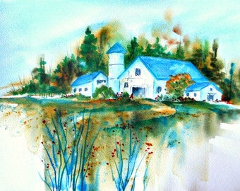 Watercolor Barn Blue Country by Martha Kisling Art With Heart