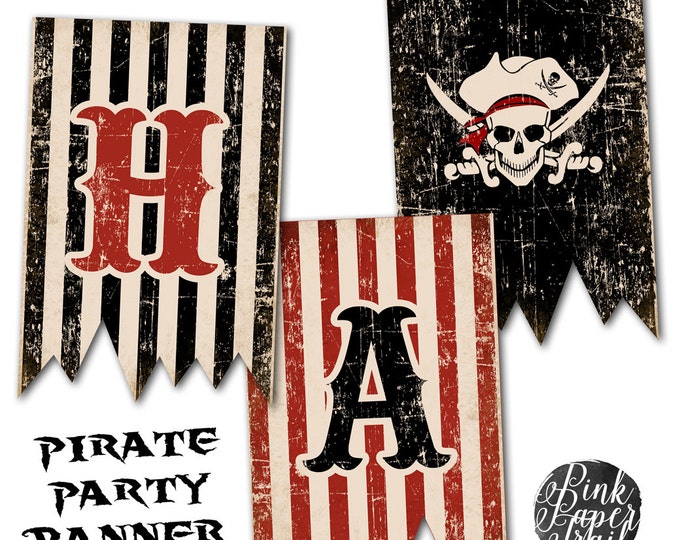 Pirate Party Happy Birthday Banner, Bunting, Flag, Pirate, Party Decor, Print Your Own