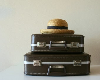 Vintage Vinyl Luggage Set, Chocolate, Storage,Vintage Decor