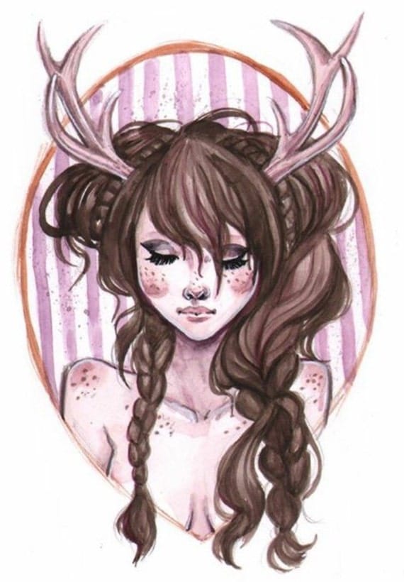 Items similar to Pretty Fawn Girl Deer Antler watercolor painting art ...