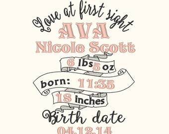 Birth Announcement embroidery template and mini font Set / embroidery designs INSTANT DOWNLOAD Love at first sight