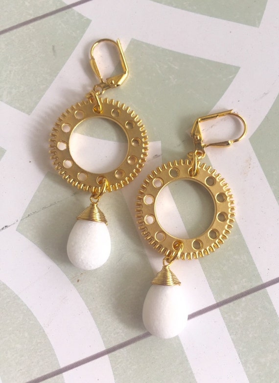Steampunk Gold Gear Earrings with White Stines. Gold Hoop Dangle Earrings. Long Gold Dangle Earrings. Geometric Earrings. Modern Jewelry. by RusticGem steampunk buy now online