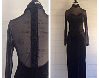 Vintage 1980s Black Crushed Velvet and Sheer Floor-Length Dress w SWEETHEART Bust