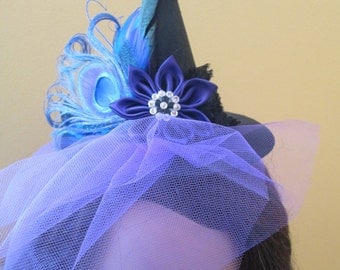Blue & Purple Mini Witch Hat Fascinator, Headband, READY TO SHIP, Peacock Feather Women's Witch Hat, Halloween, Mary Poppins Hat, Steampunk