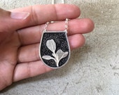 Sterling silver jewelry - Natural silver leaf pendant - black pendant - silver dust