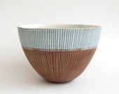 Striped Stoneware Soup or Salad Bowl with Inlaid Lines and Turquoise Glaze Stripes at the Rim