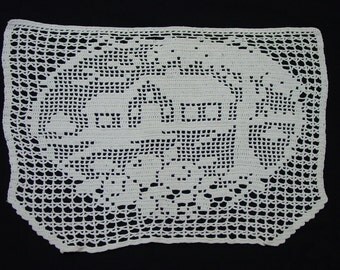 RESERVED for Louiseann-Vintage Filet Crochet Antimacassar, Sweet Cottage Scene, 18 x 12 1/2"