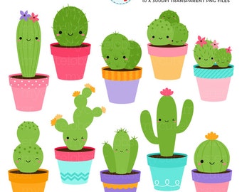 Happy Cactus Clipart Set - cute cactus clip art set, cacti, cactuses, plants, happy - personal use, small commercial use, instant download