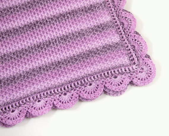 Items similar to Knitted Baby Blanket with Crochet Lace Edging - Violet ...