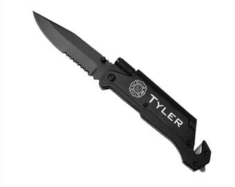 Engraved Survival Rescue Knife Groomsmen Gift - Firefighter Knife - Knife with Flashlight & Firestarter - Maltese Cross Engraved Knife