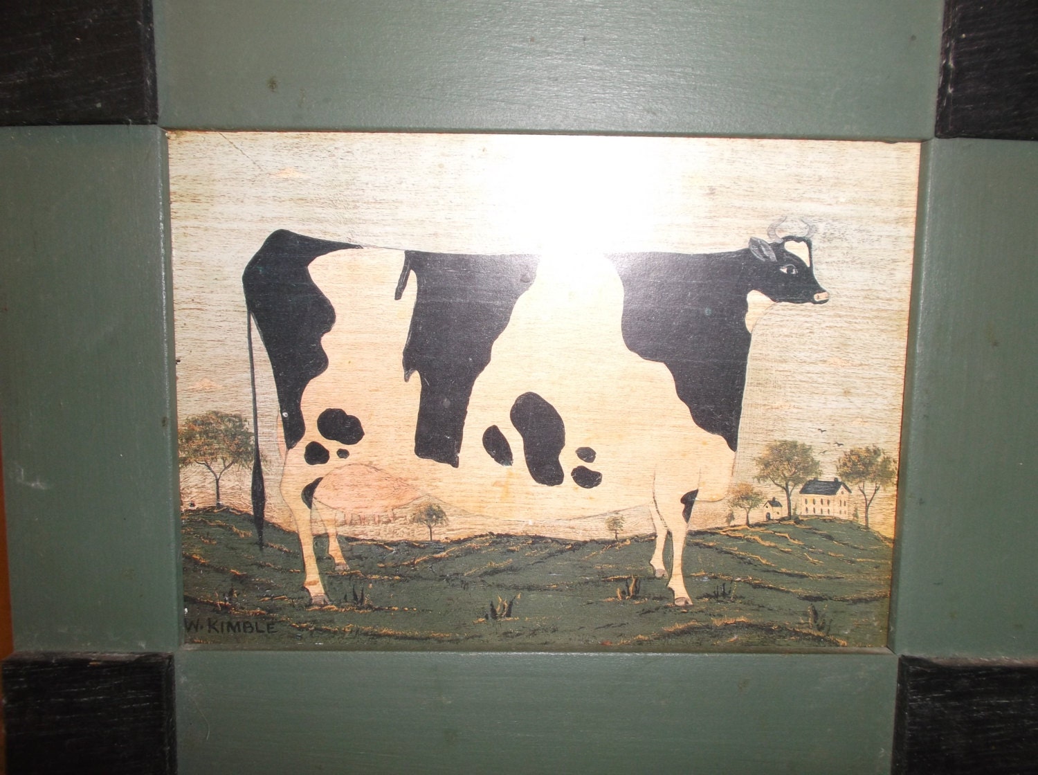 Primitive Folk Art Cow Picture Vintage Cow Print Wood Framed