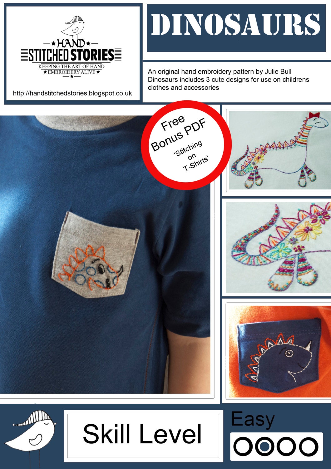 Dinosaurs Hand Embroidery PDF Pattern includes free bonus