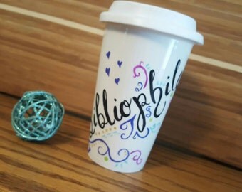 Bibliophile Travel Mug, 11 oz Double Walled Ceramic Mug, Hand-painted