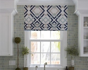 Faux Roman Shade Lined Mock Valance Geometric Print Navy/ Aqua/ Grey/ White Custom Sizing Available!