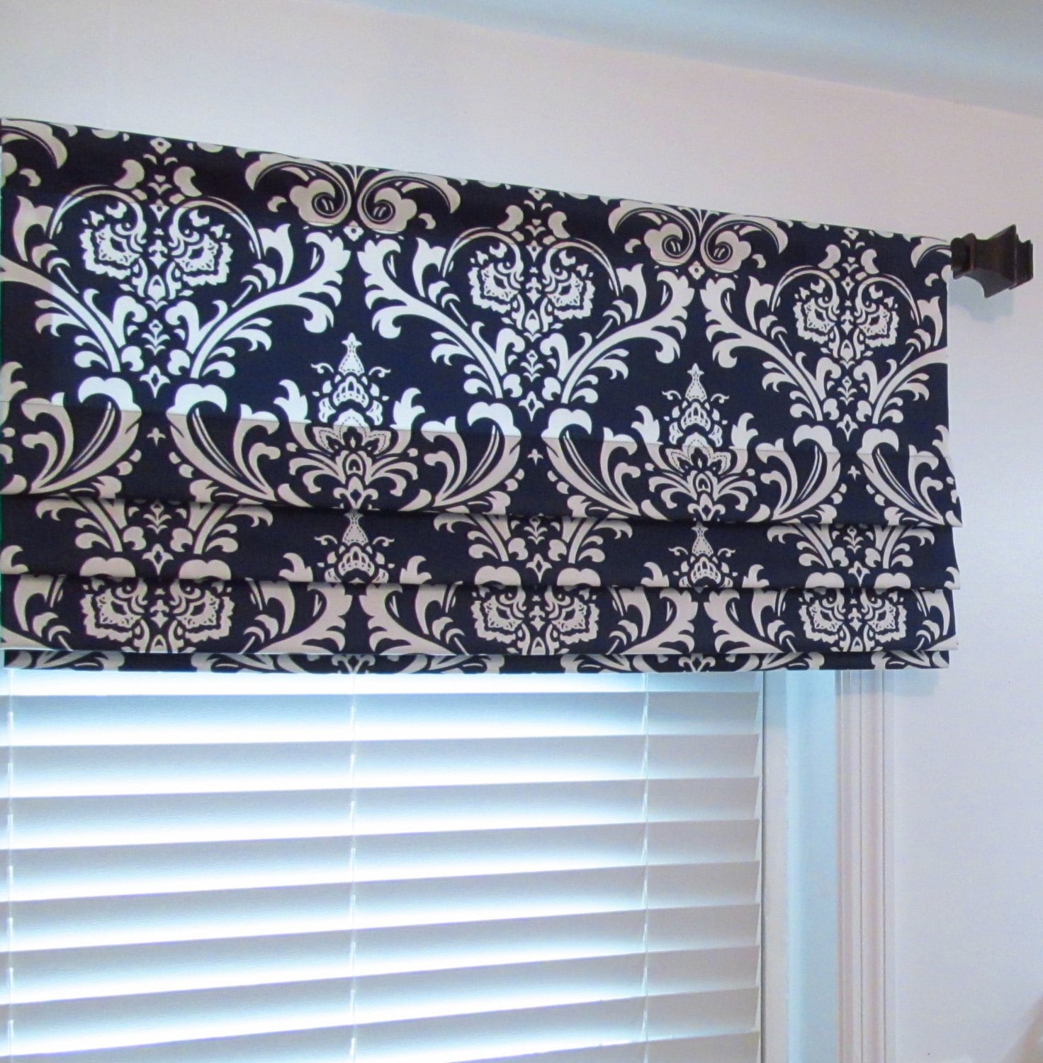 Faux Roman Shade Lined Mock Valance Navy Blue Damask/ Custom