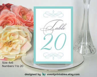 Printables 1to20table 21 to 30 printable starfish table numbers aqua by eventprintables 1 20 audrey suite 4x6 turquoise robins egg blue silver grey cards digital file event