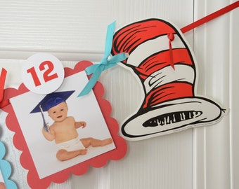 Dr Seuss 12 Month Photo Banner, First Year Photo Banner, First Year Banner, Colors, 5 x 5 Scallops, Colors: Blue and Red c-1305