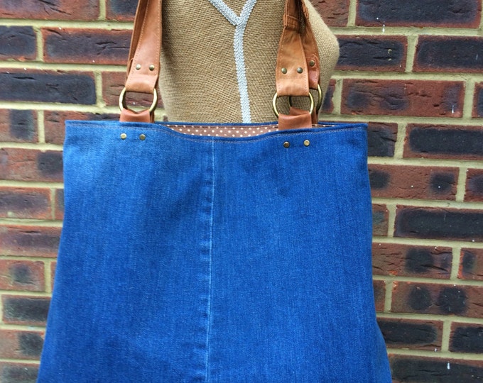 Recycled Denim bag- Blue denim bag- LARGE tote/saddle style- strong tan leather handles. Get 30% off see details