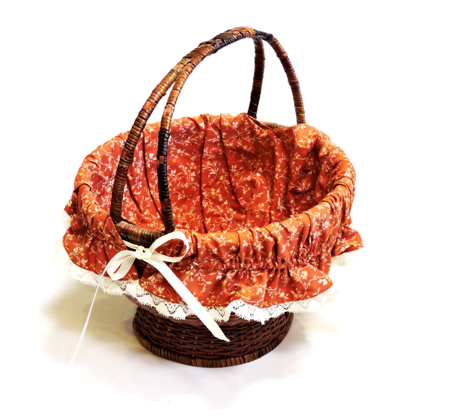 Dark Wicker Fabric Lined Basket Vintage Round Sewing Flower