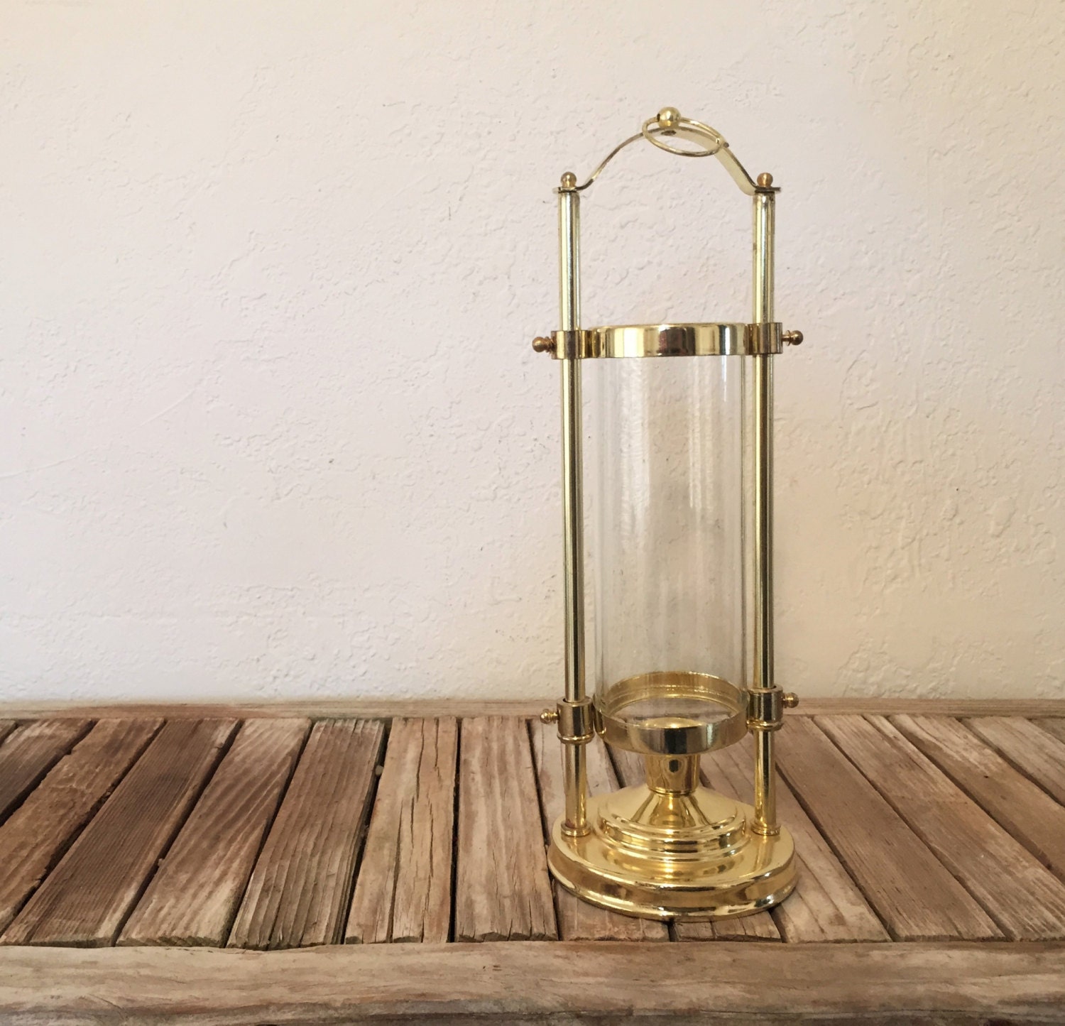 Vintage Brass Teleflora Glass Hurricane Candle Holder