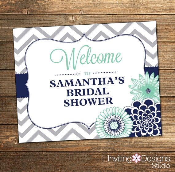 Chevron Bridal Shower Welcome Sign - Navy Mint