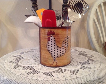 Rooster Kitchen Faux Rusty Tin..Kitchen Decor..Country Kitchen...Country Home..Rooster Lover.Housewarming Gift..Prim Utensil Holder