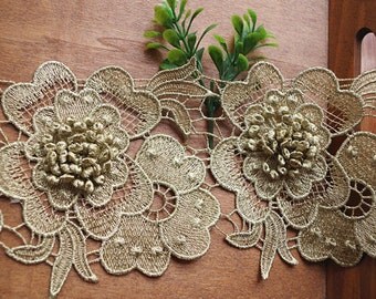 metallic gold lace trim with 3D flower, gold crochet lace trim