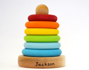 Personalized Stacking Toy - Rainbow Wooden Toy - Ring Stacker - Natural Wood Toy