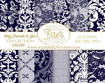 BLUE DIGITAL PAPER:Navy Lace Digital Paper, Wedding Digital Paper, Blue Damask Digital Scrapbook Paper, Navy Digital Paper, Hochzeit, #16088