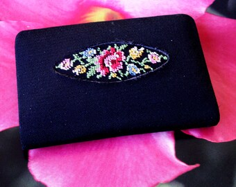 Vintage Petit Point Floral Black Fabric Covered Purse Sized Note Pad with Tiny Pencil WESTERN GERMANY
