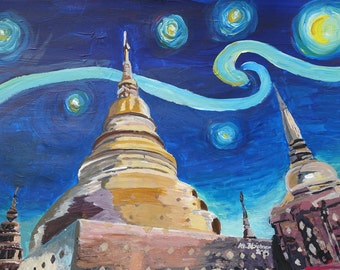 Starry Night in Thailand - Van Gogh Inspirations in Thai Temple - Limited Edition Fine Art Print/Original Canvas Painting
