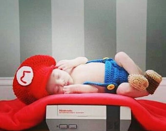 Nintendo Super Mario Inspired Baby Photo Prop Set Hat, Diaper Cover, Booties * Newborn - 12 mos.