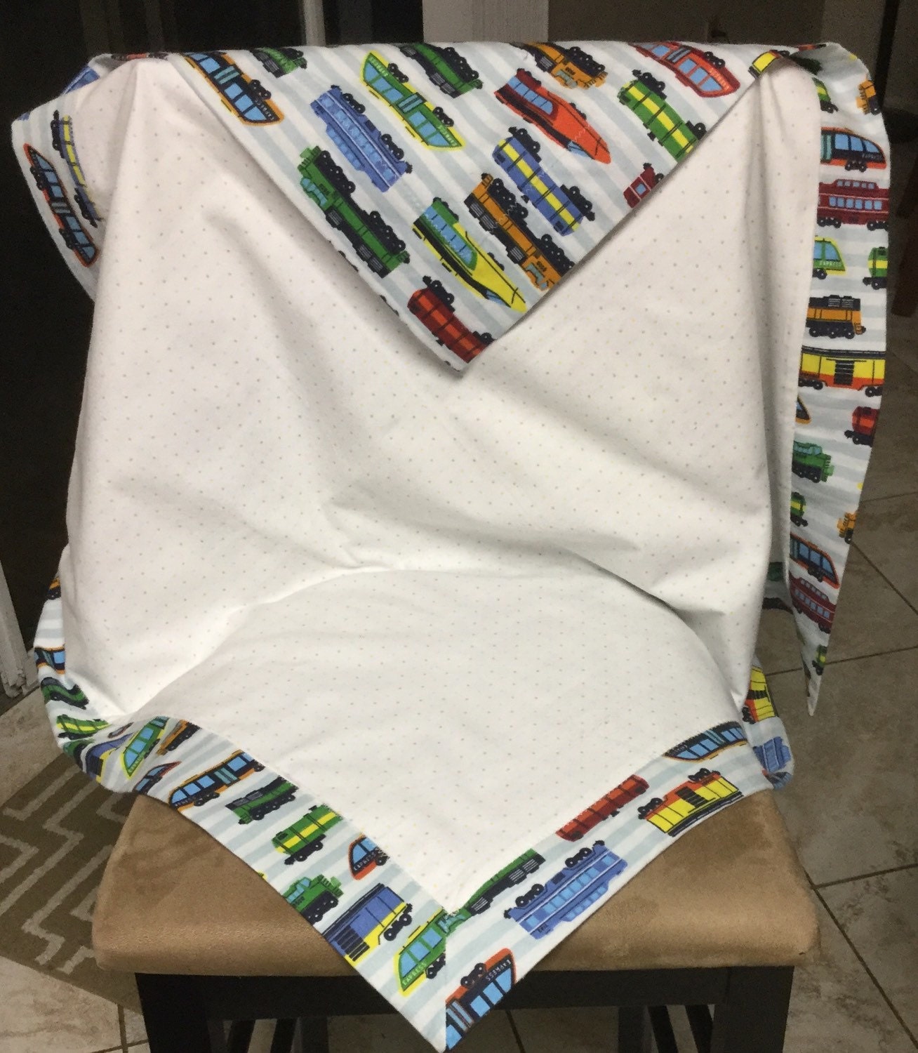 Trains and polka dots self binding baby blanket