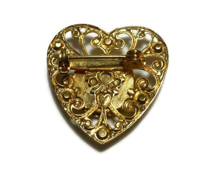 Heart brooch, gold filigree heart with inset hand painted cabochon of a pink orange rose, small sweet pin, lapel pin, flower floral brooch