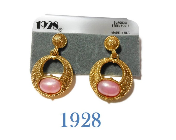 FREE SHIPPING 1928 pink earrings, hoop dangle earrings, faux pearl opalescence cabochon, gold pierced earrings, new old stock (NOS) on card