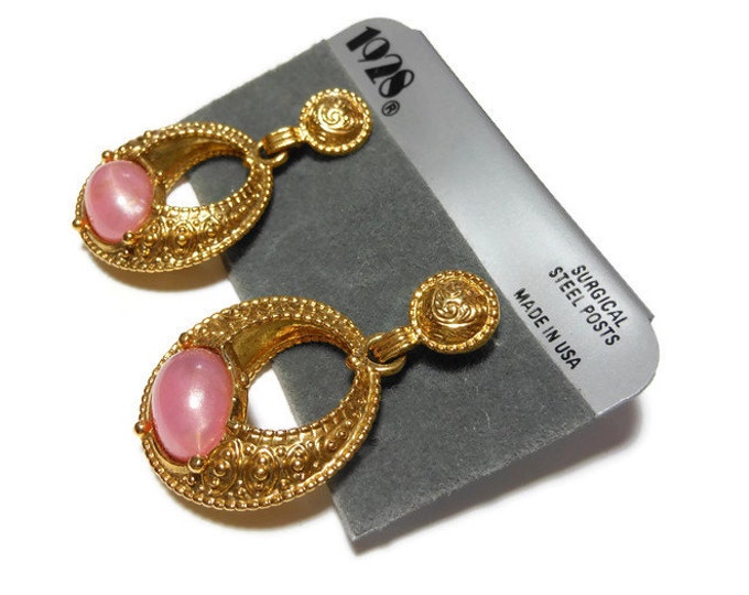 FREE SHIPPING 1928 pink earrings, hoop dangle earrings, faux pearl opalescence cabochon, gold pierced earrings, new old stock (NOS) on card